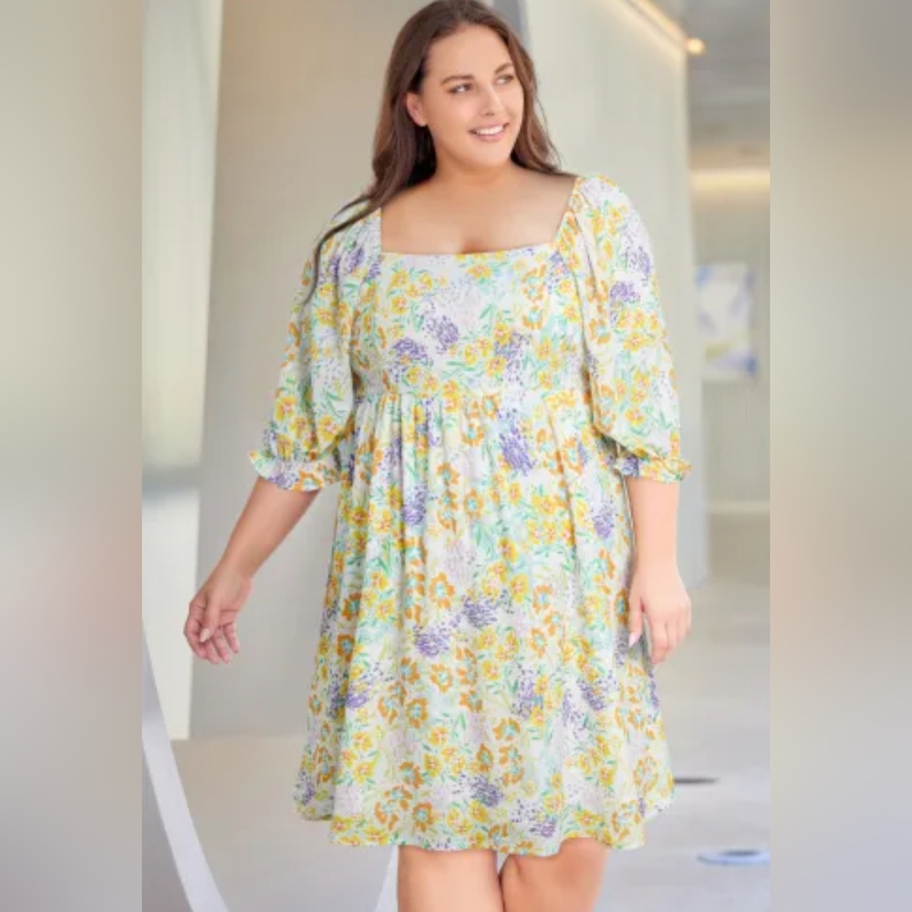 Floral multicolor puff-sleeves dress - Plus size